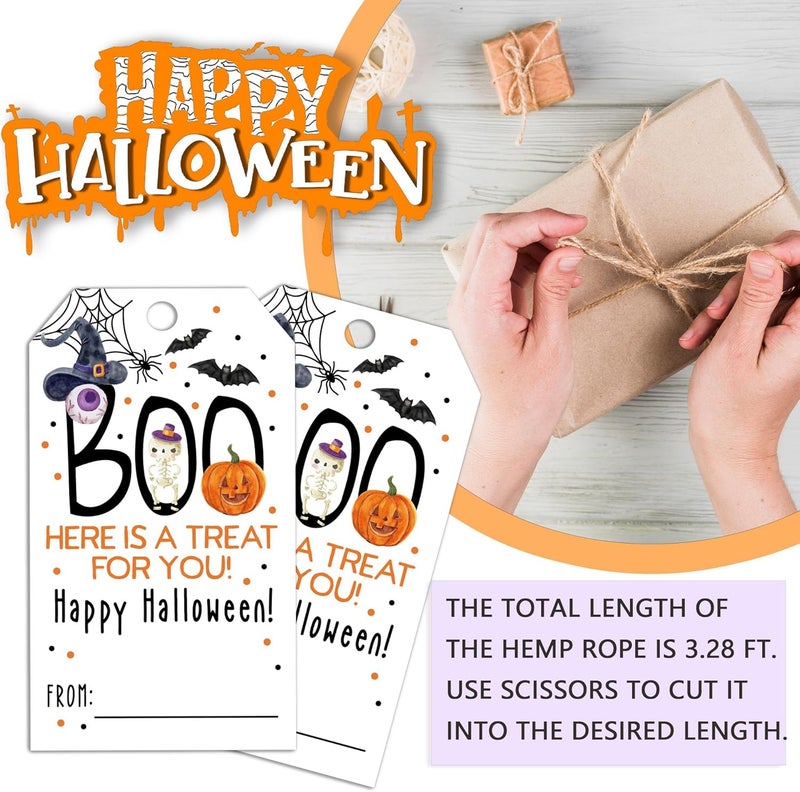RPLCSPC Halloween Paper Gift Tags with String-50Pcs, Here is A Treat for You Happy Halloween Tags for Goodie Bags, 2 x 3.5 Inch Writable Waterproof Hanging Labels for Decor Party Supplies, Gift Wrapping-B01 - Image 3